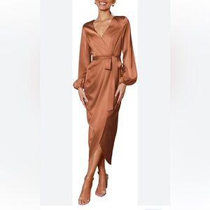 Satin Dress Deep V-Neck Long Sleeve Tie Waist Split Midi Dress W.